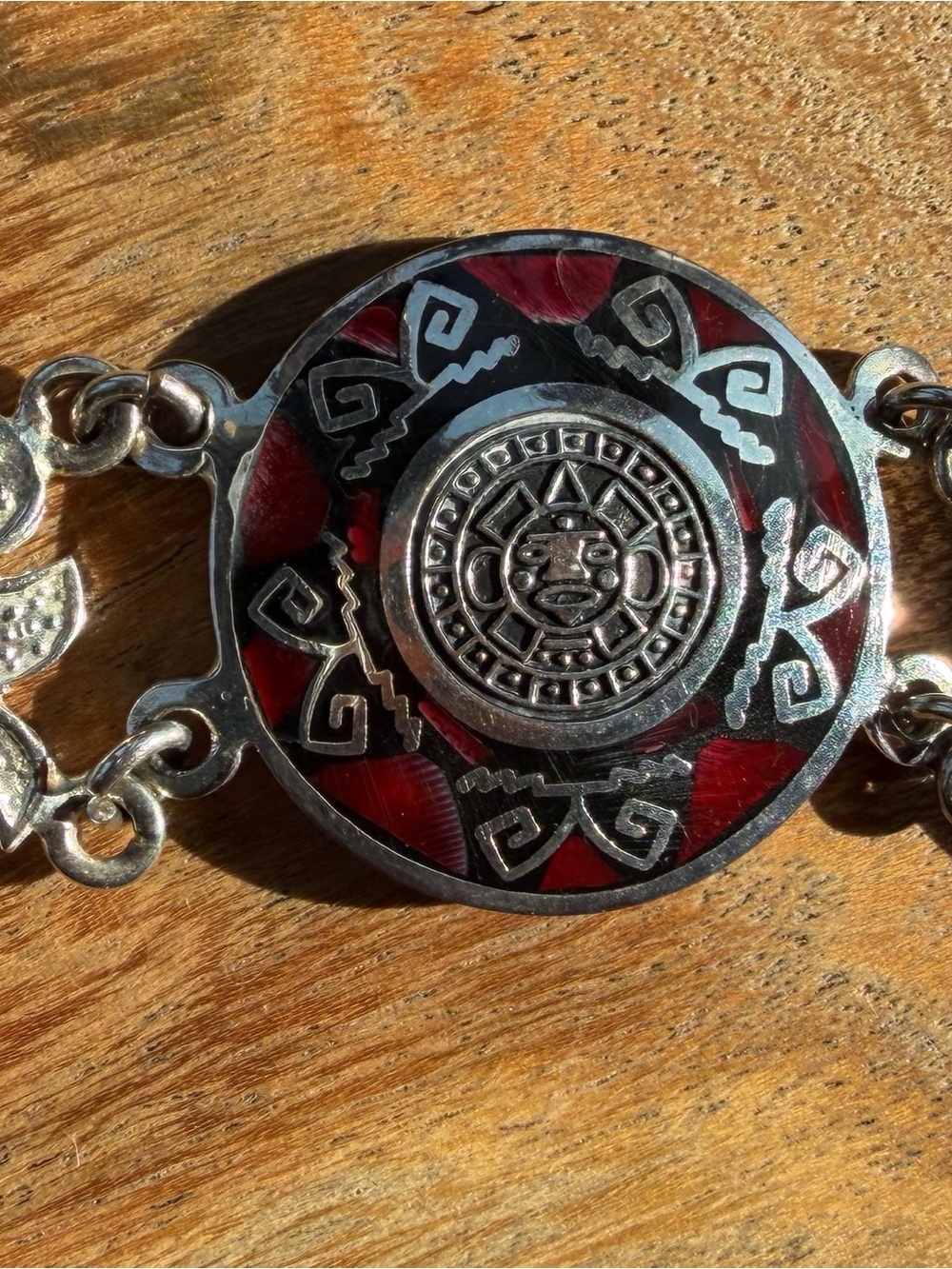 925 Silver Red Enamel Aztec Medallion Bracelet - Picture 3 of 7